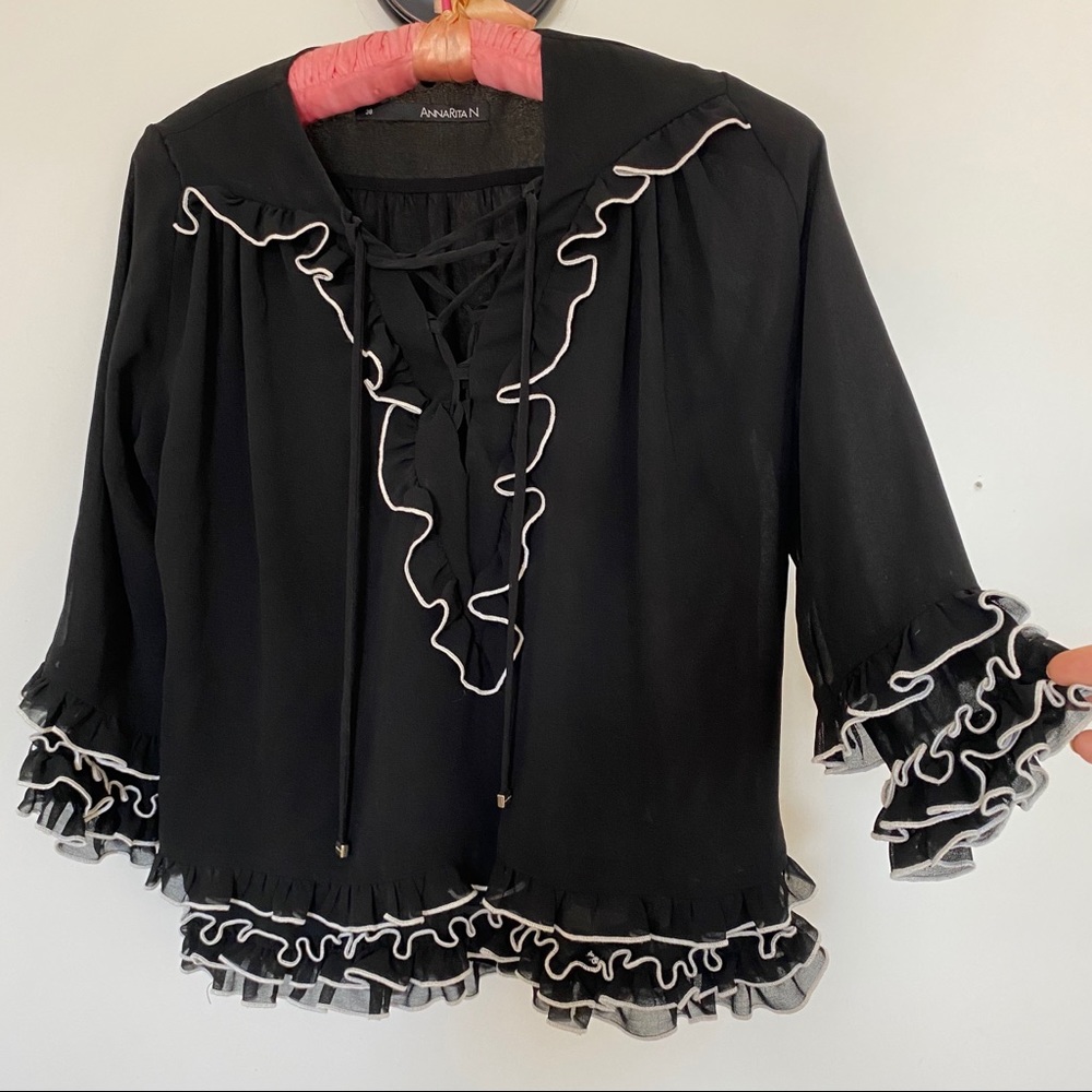 Annarita N romantic black and white frilly blouse
